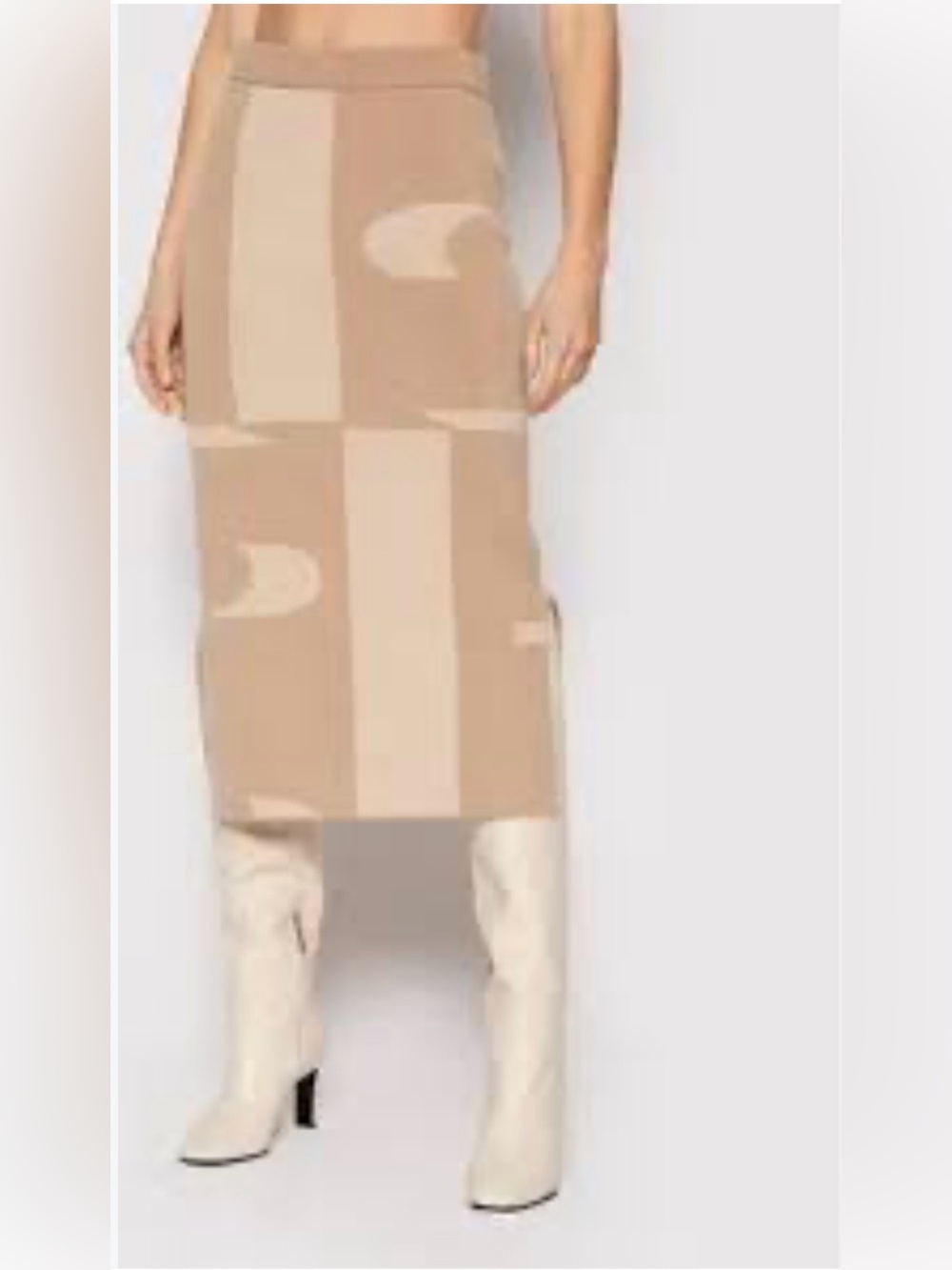 NWT BOSS 100% Wool Knit Midi Pencil Skirt Camel Beige Block-Pattern US M